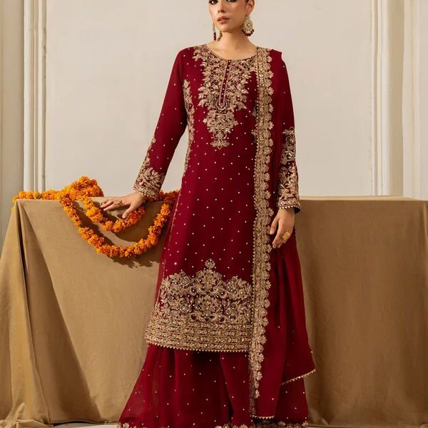 Maroon Faux Georgette Lace Work Salwar Suit