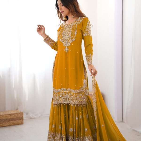 Fusionic Women Floral Embroidered Kurta with Sharara & Dupatta