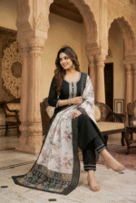 Black Rayon Kurta Set with Chanderi Digital Print Dupatta | 3 Piece Ethnic Suit - Image 3