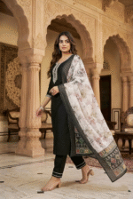 Black Rayon Kurta Set with Chanderi Digital Print Dupatta | 3 Piece Ethnic Suit - Image 2