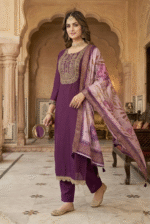 Plum Wine Rayon Kurta Set with Chanderi Digital Print Dupatta | 3 Piece Ethnic Suit - Image 3
