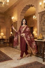 Maroon Rayon Kurta Set with Chanderi Digital Print Dupatta | 3 Piece Ethnic Suit - Image 3