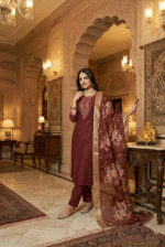 Maroon Rayon Kurta Set with Chanderi Digital Print Dupatta | 3 Piece Ethnic Suit - Image 2