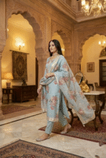 Ice blue Rayon Kurta Set with Chanderi Digital Print Dupatta | 3 Piece Ethnic Suit - Image 3