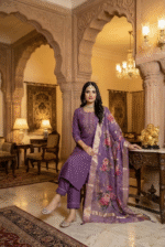 Purple Rayon Kurta Set with Chanderi Digital Print Dupatta | 3 Piece Ethnic Suit - Image 3