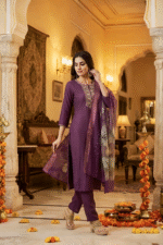 Plum Purple Rayon Kurta Set with Chanderi Digital Print Dupatta | 3 Piece Ethnic Suit - Image 2