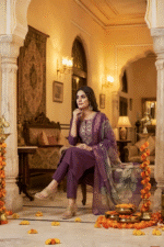 Plum Purple Rayon Kurta Set with Chanderi Digital Print Dupatta | 3 Piece Ethnic Suit - Image 3