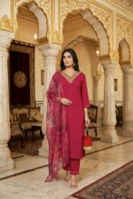 Red Rayon Kurta Set with Chanderi Digital Print Dupatta | 3 Piece Ethnic Suit