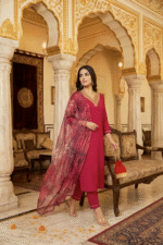 Red Rayon Kurta Set with Chanderi Digital Print Dupatta | 3 Piece Ethnic Suit - Image 3