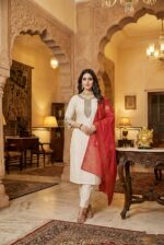 White Heavy Rayon Kurta Set with Chanderi Digital Print Dupatta | 3 Piece Ethnic Suit