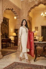 White Heavy Rayon Kurta Set with Chanderi Digital Print Dupatta | 3 Piece Ethnic Suit - Image 2