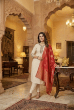 White Heavy Rayon Kurta Set with Chanderi Digital Print Dupatta | 3 Piece Ethnic Suit - Image 3