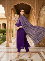Purple Rayon Kurta Set with Chanderi Digital Print Dupatta | 3 Piece Ethnic Suit - Image 2