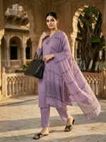 Mauve lavender Rayon Kurta Set with Chanderi Digital Print Dupatta | 3 Piece Ethnic Suit - Image 2