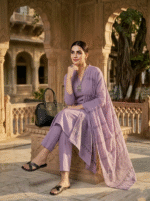 Mauve lavender Rayon Kurta Set with Chanderi Digital Print Dupatta | 3 Piece Ethnic Suit - Image 3