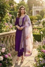 Purple Rayon Kurta Set with Chanderi Digital Print Dupatta | 3 Piece Ethnic Suit - Image 3