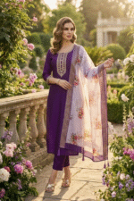 Purple Rayon Kurta Set with Chanderi Digital Print Dupatta | 3 Piece Ethnic Suit - Image 2