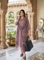 Dusty Mauve Rayon Kurta Set with Chanderi Digital Print Dupatta | 3 Piece Ethnic Suit - Image 3
