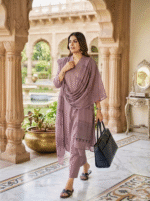 Dusty Mauve Rayon Kurta Set with Chanderi Digital Print Dupatta | 3 Piece Ethnic Suit - Image 2