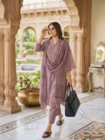 Dusty Mauve Rayon Kurta Set with Chanderi Digital Print Dupatta | 3 Piece Ethnic Suit