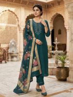 Dark Green Rayon Kurta Set with Chanderi Digital Print Dupatta | 3 Piece Ethnic Suit