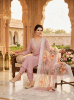 Pink Rayon Kurta Set with Chanderi Digital Print Dupatta | 3 Piece Ethnic Suit - Image 3