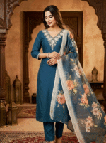 Teal Rayon Kurta Set with Chanderi Digital Print Dupatta | 3 Piece Ethnic Suit - Image 3